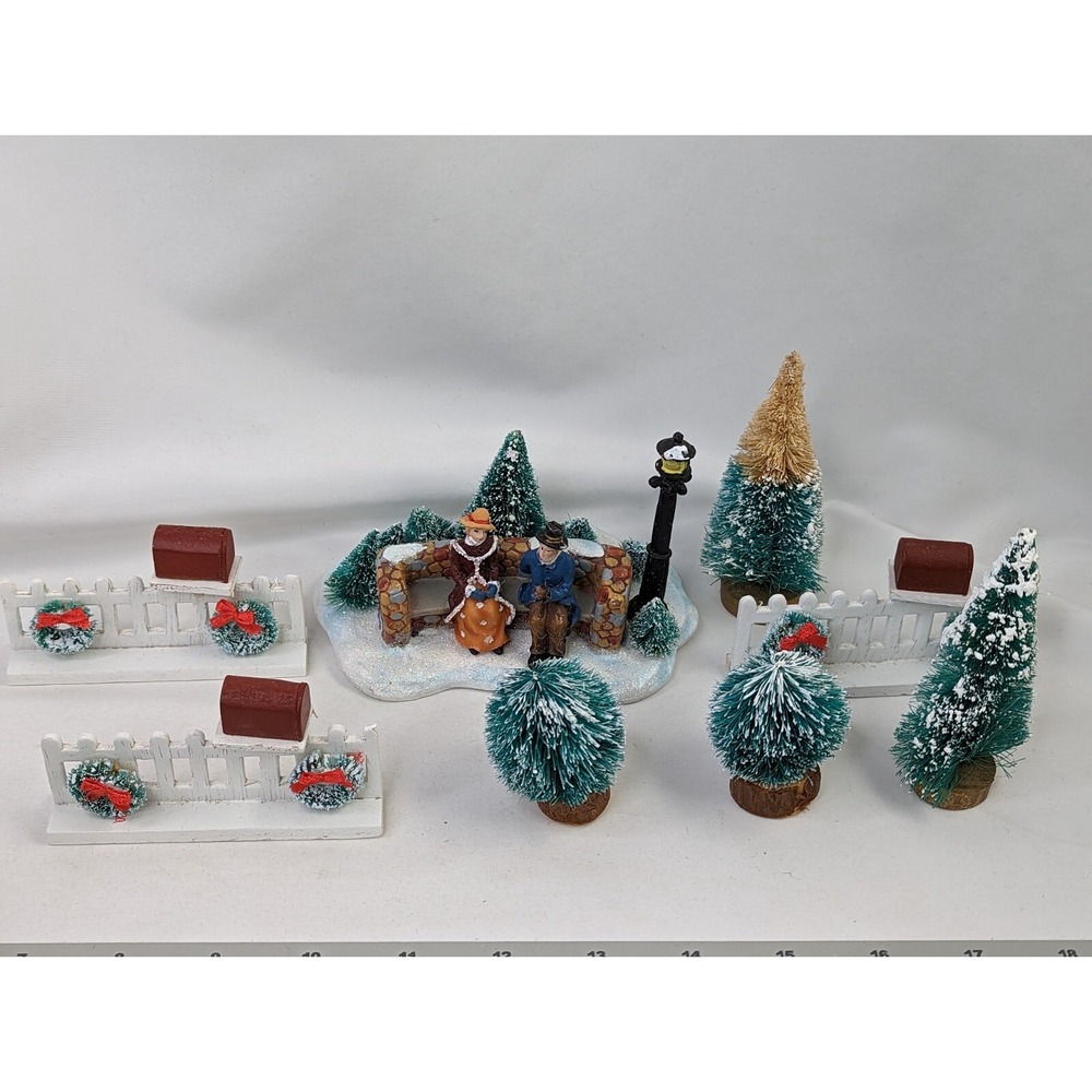 Christmas Ceramic Scene Porcelain Bench Wood Fence Bottle‎ Brush Trees Lot